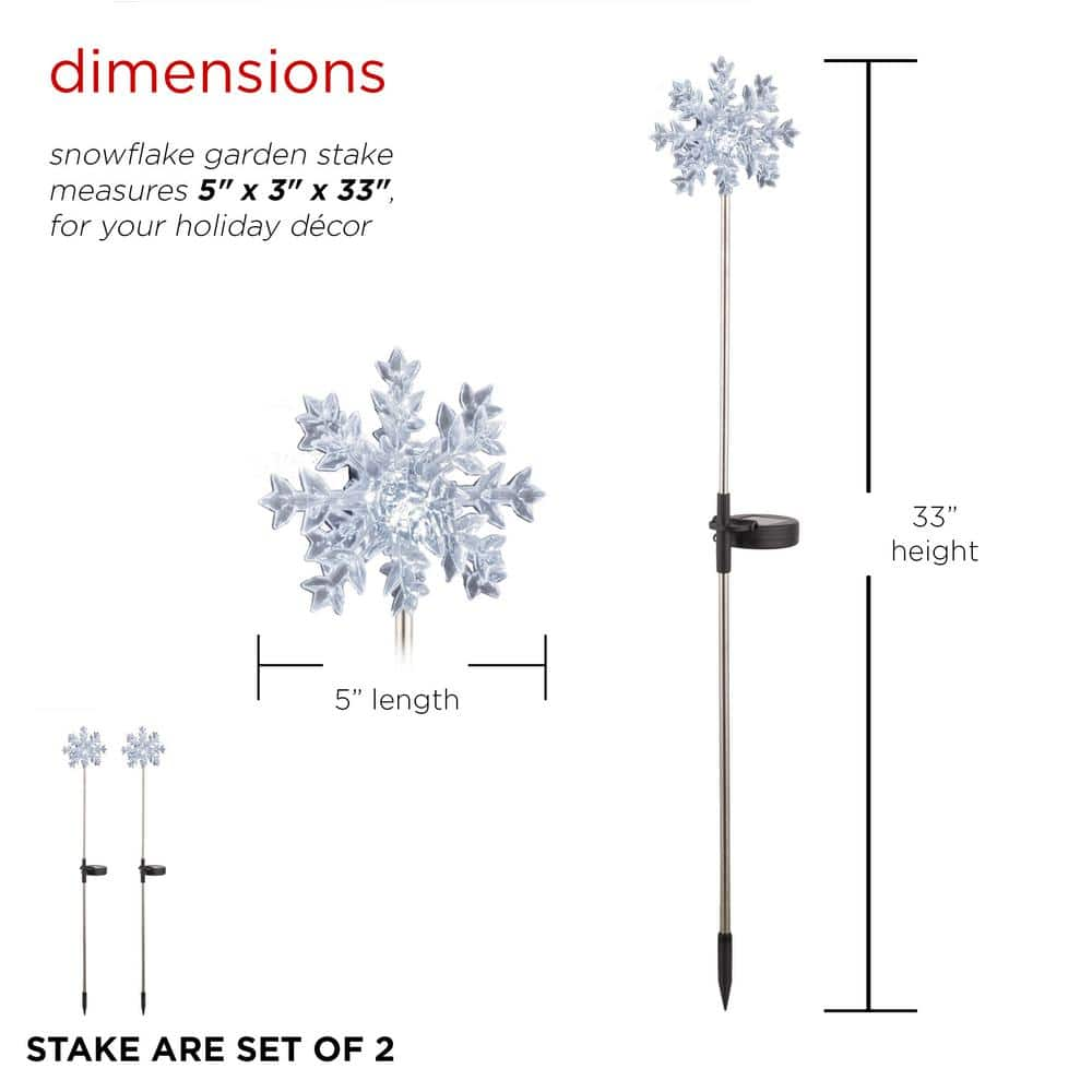 Alpine Corporation 33 in. Tall White Solar Snowflake Garden Stake with Cool LED Light (Set of 2) SLC131SLR-WT-2