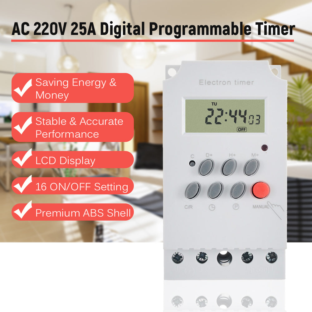 Tomshine AC 25A Digital Programmable Timer Din Rail Electronic Timer Time Switch Controller with LCD Display