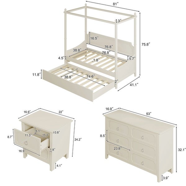 3 Pieces Bedroom Sets with Canopy Daybed， Nightstand and Dresser - - 37374874