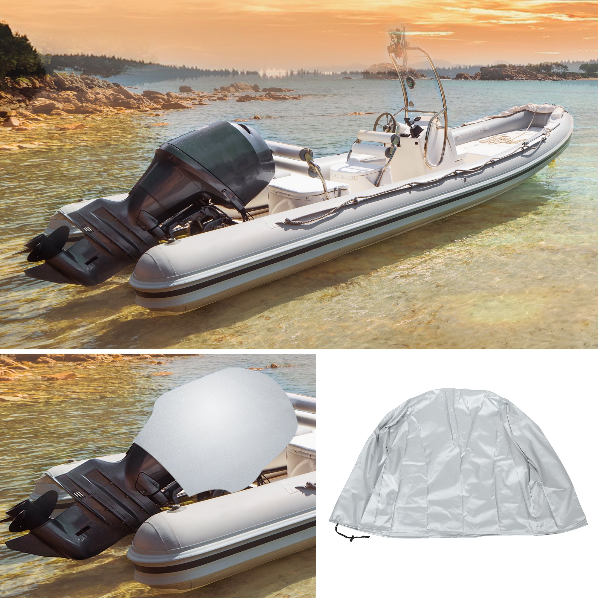 Motoforti Universal 15HP Outboard Half Motor Engine Cover Boat Cover Waterproof 210D Oxford Cloth Silver Tone