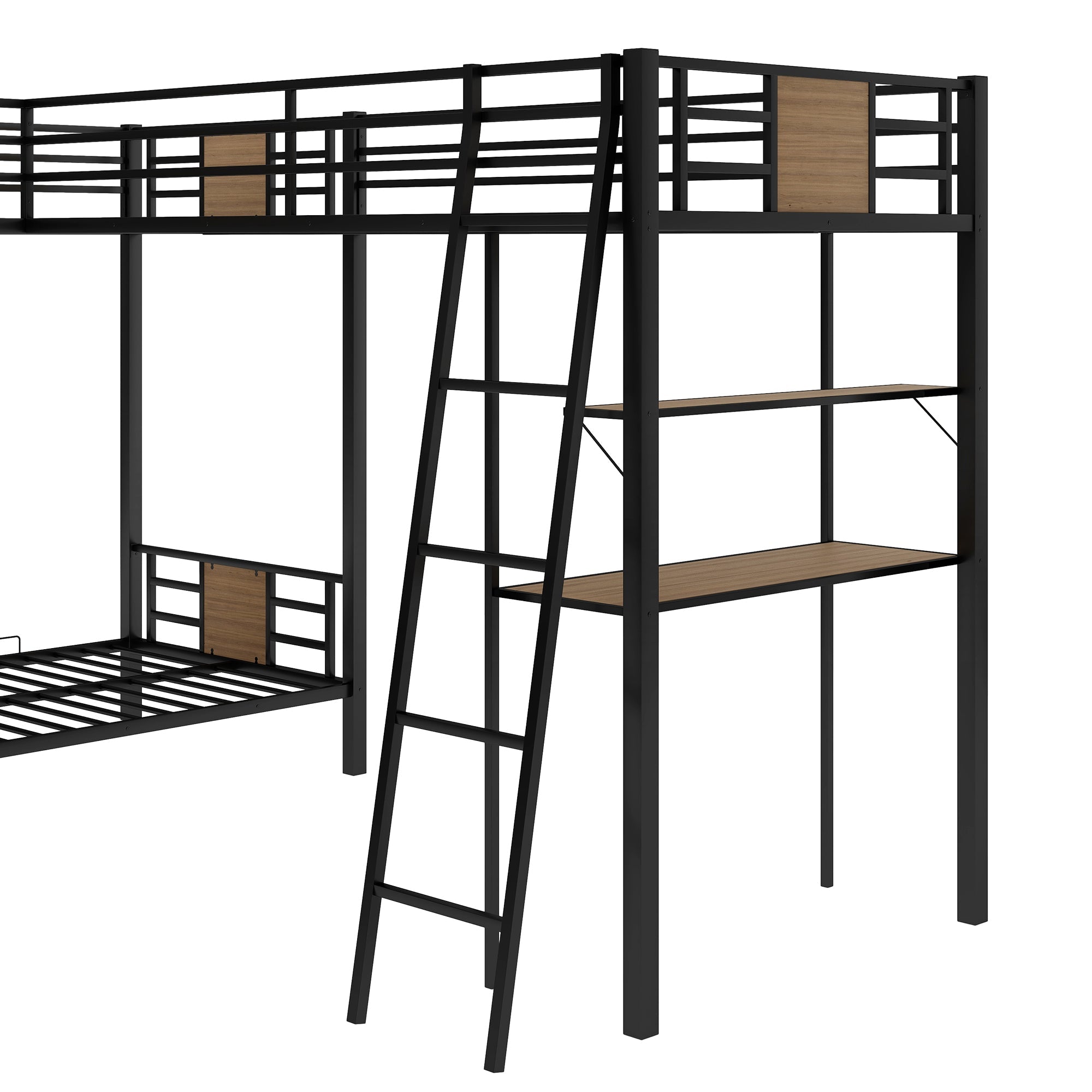 EUROCO L-Shaped Twin over Twin Bunk Bed with Desk and Shelf for Kids Bedroom, Brown