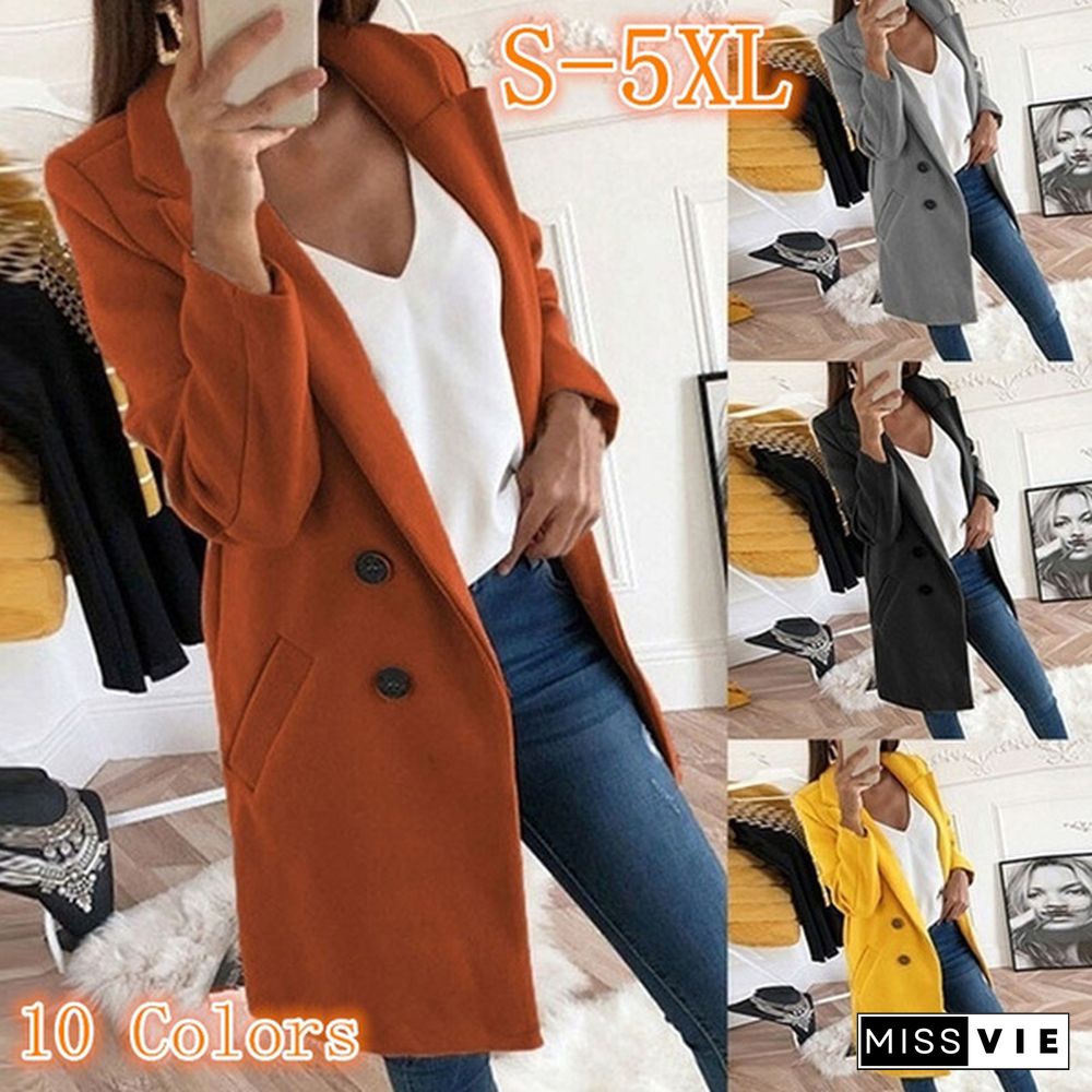 Winter and Autumn Woman Long Wool Coat Solid Color Elegant Blend Coats Slim Fashion Female Long Coat Outerwear Jackets Plus Size S-5XL