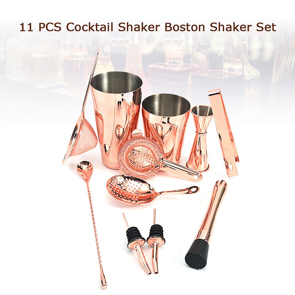 Rose Gold 11 Pcs 11 Pcs Cocktail Shaker Set With Boston Shaker Cup And 3 Different Strainers Stainless Steel Cocktail Mixology Kit With Bartender Shak