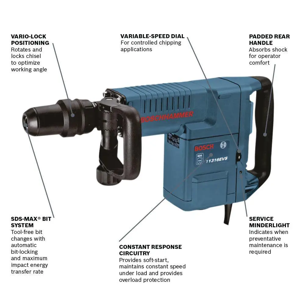 Bosch 14 Amp 1-916 in. Corded Variable Speed SDS-Max Concrete Demolition Hammer with Carrying Case 11316EVS