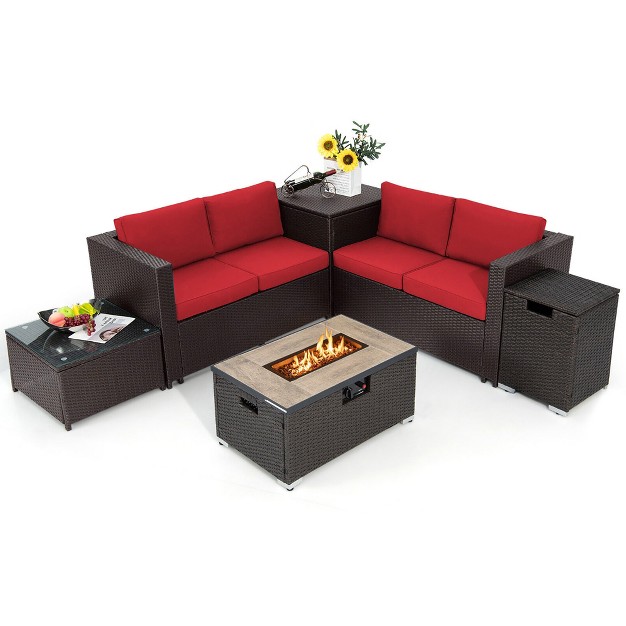 Tangkula 6 Piece Patio Sofa amp Fire Table Set Outdoor Rattan Sectional Sofa Set W Storage Box Red