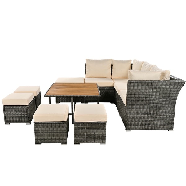 UStyle 9Piece Outdoor Conversation Set with Solid Wood Coffee Table，Ottomans，and Cushions