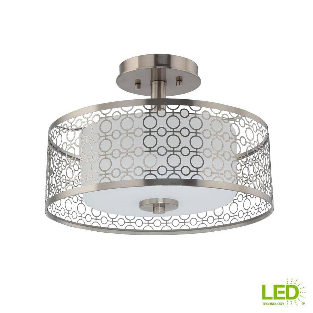 Hampton Bay Toberon 14 in. 1-Light Brushed Nickel LED Semi-Flush Mount with Etched Parchment Glass Shade 7914HBBNDI