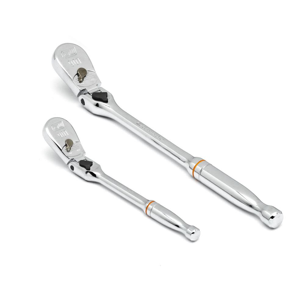 2 Pc 1/4 and 3/8 Drive 90 Tooth Locking Flex Head Teardrop Ratchet Set ;