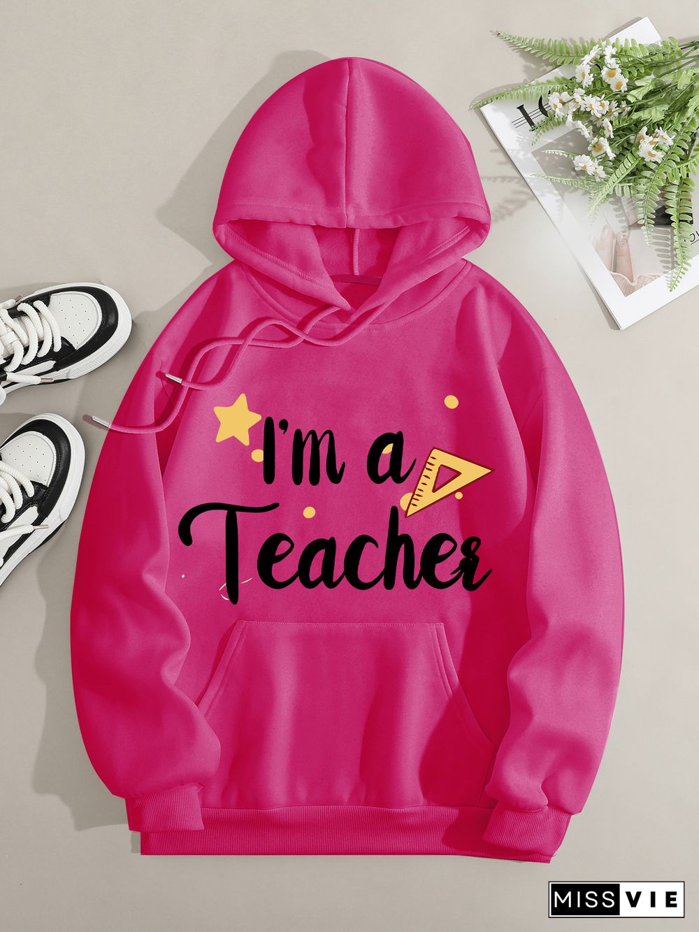 Printed on front Kangaroo Pocket Hoodie Long Sleeve for Women Pattern I am a teacher