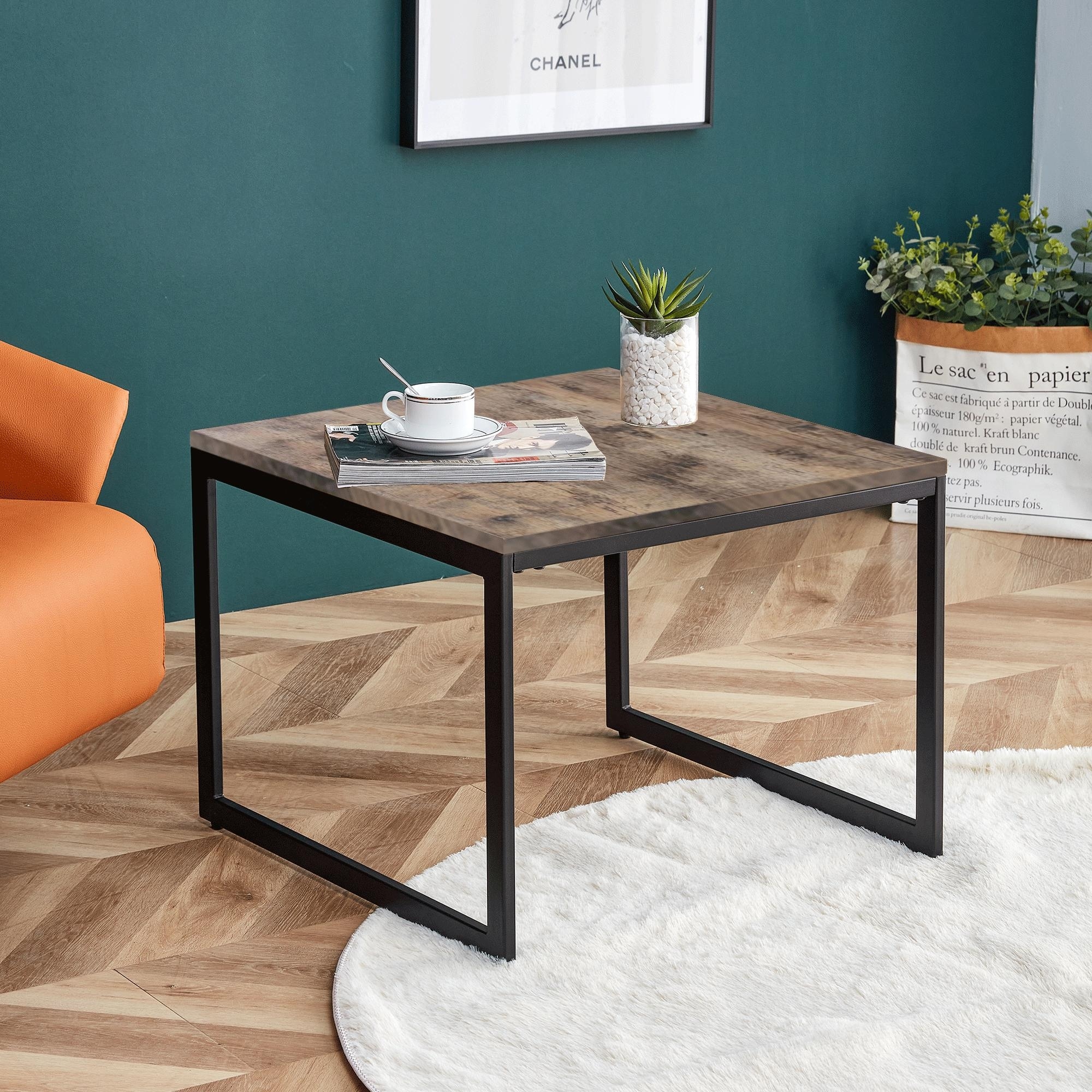 Square Coffee Table， 22.8 inch Industrial Cocktail Table， Large Accent Center Table Table Wood Tabletop with Metal Frame