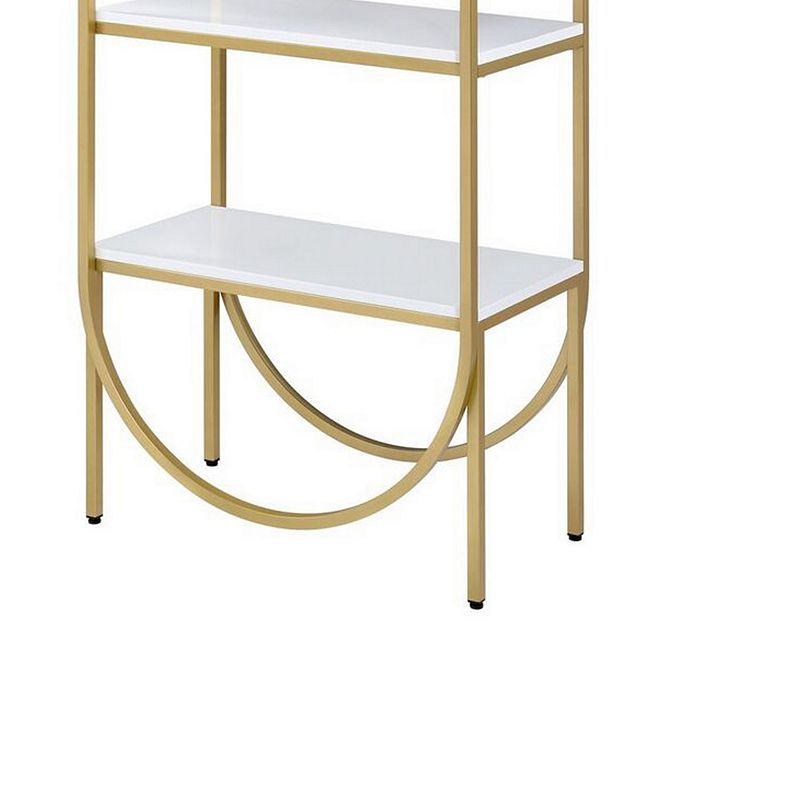 Arched Metal Frame Wooden Bookshelf with 4 Open Compartments，White and Gold