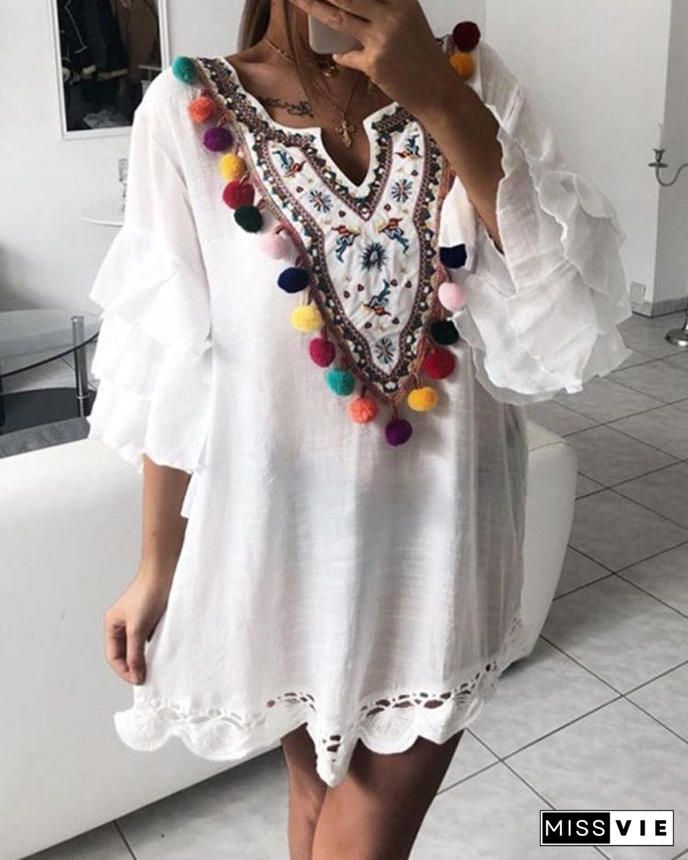 Ethnic Print Pom Poms Tiered Sleeve Casual Dress P11440