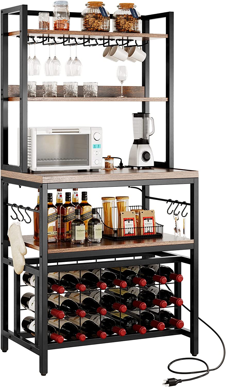 DWVO Bakers Rack with Wine Rack and Power Outlet， Freestanding Microwave Oven Stand for Kitchen Dining Room Home