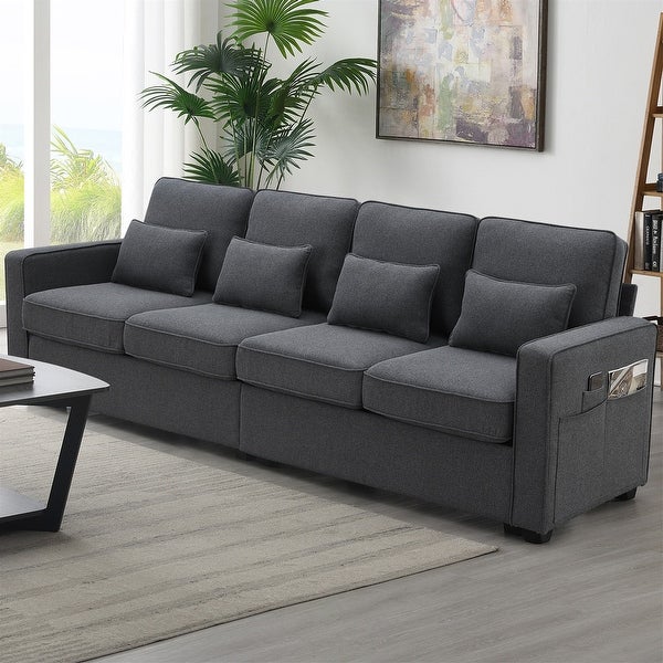 4 Seater Modern Linen Fabric Sofa with Armrest Pockets and 4 Pillows