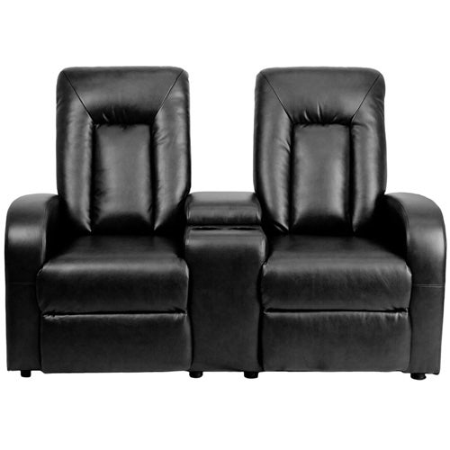 Eclipse Series 2-Seat Reclining Black Faux Leather Theater Seating Unit with Cup Holders