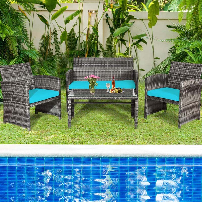 4 Pcs Rattan Wicker Patio Furniture Sets, Outdoor Conversation Sets with Loveseat, Table, Single Sofas