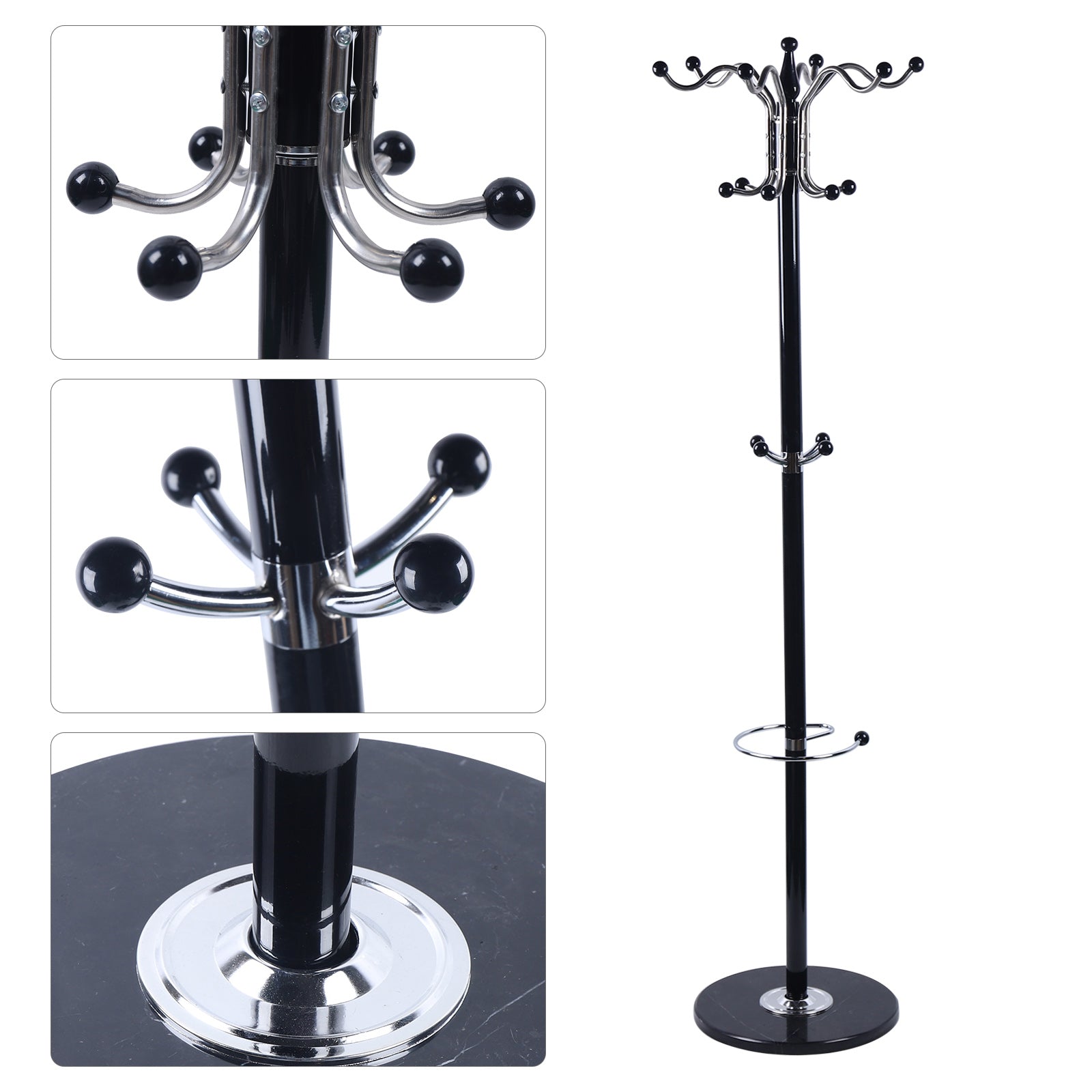 Metal Coat Rack Stand， 15*67in Coat Rack for Clothes with 4 Levels and 16 Hooks， Free Standing Coat Rack for Home， Office， Entryway， Hallway， Black