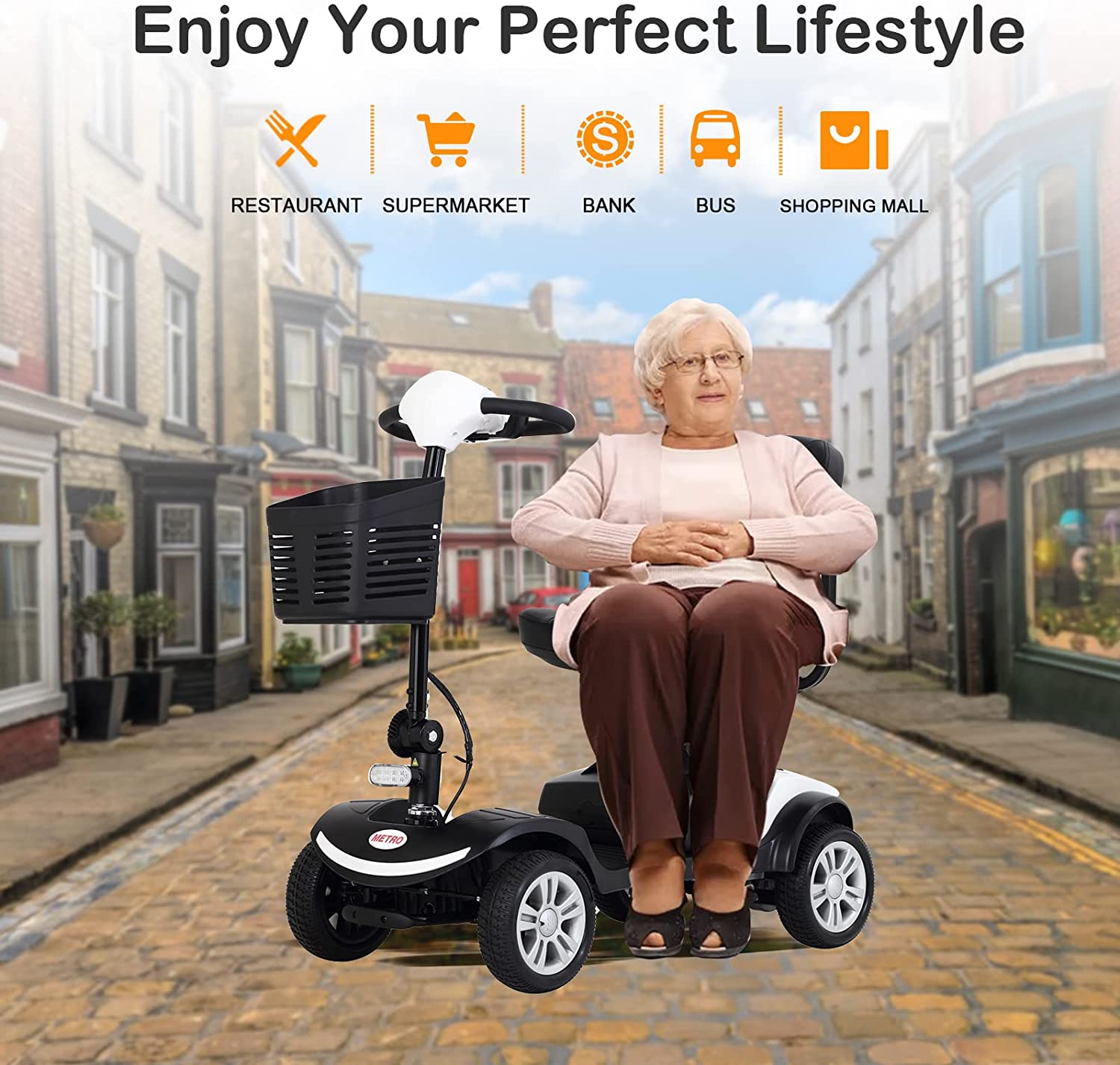 Folding Electric Mobility Scooter 4 Wheel for Seniors Adults with LED Light White