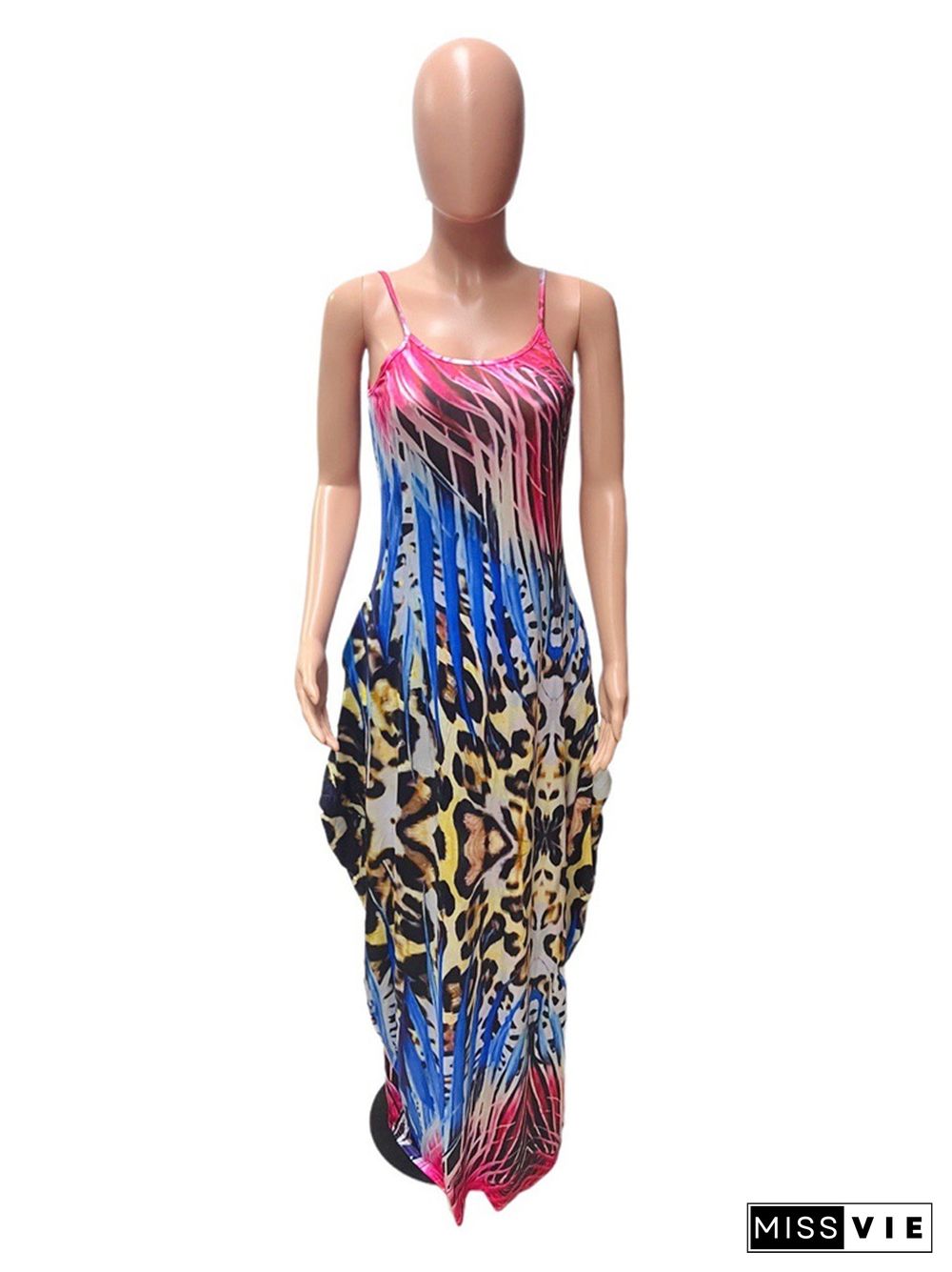 Loose Sleeveless Print with Pocket Floor Length Dresses