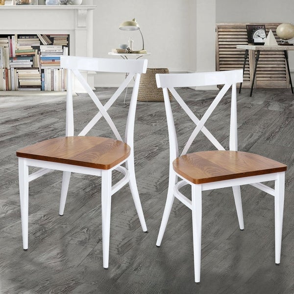 Set of 2 Dining Room Chairs Metal Frame Wood Seat Cross Back Side Seat Kitchen - 16.5L x 19W x 33.8H