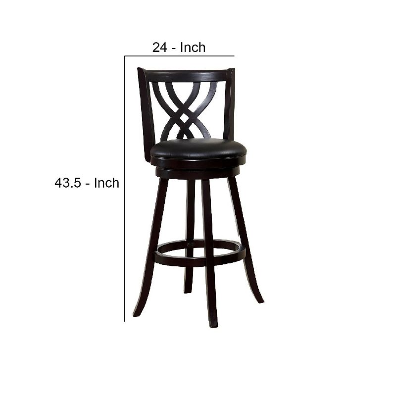 Swivel Barstool with Curved Double X Shaped Wooden Back， Espresso Brown