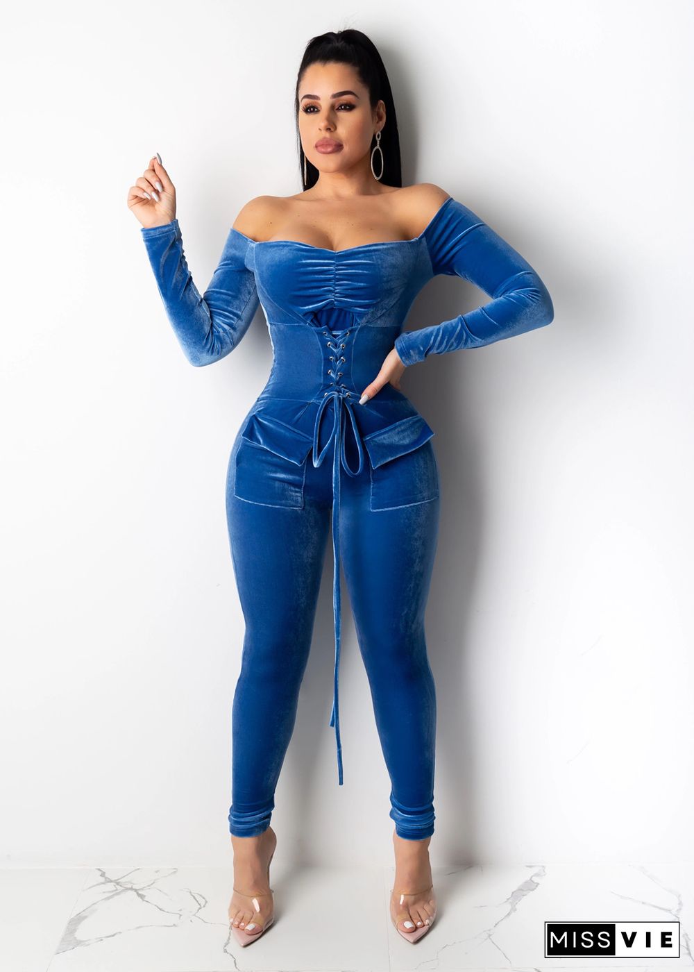 Eyelet Bandage Off Shoulder Skinny Women Jumpsuits