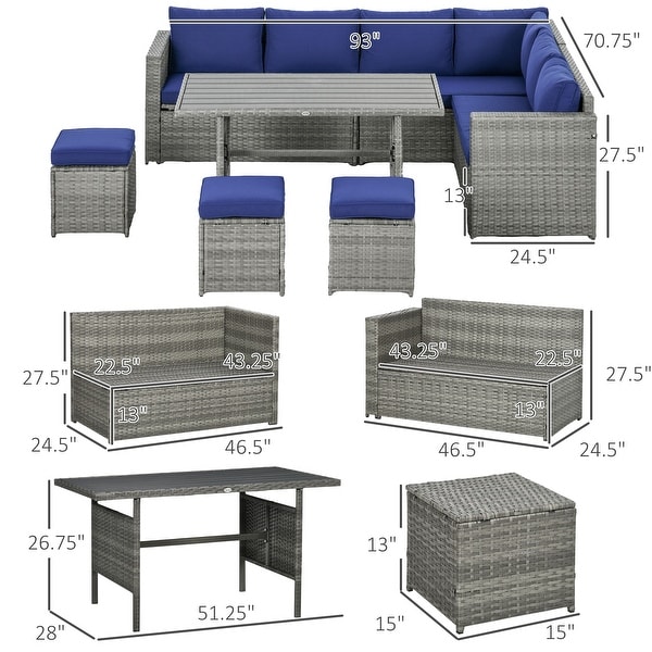 Outsunny 7 PCs Patio Wicker Furniture Set，Outdoor Sectional Furniture Conversation Sofa Set with Wood Grain Plastic Top Table