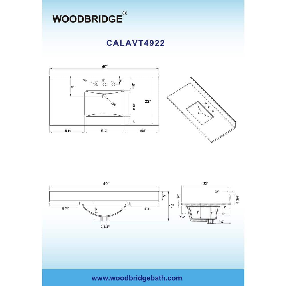 WOODBRIDGE 49 in W X 22 in D Engineered Stone Vanity Top in Carrara White with Single White Sink