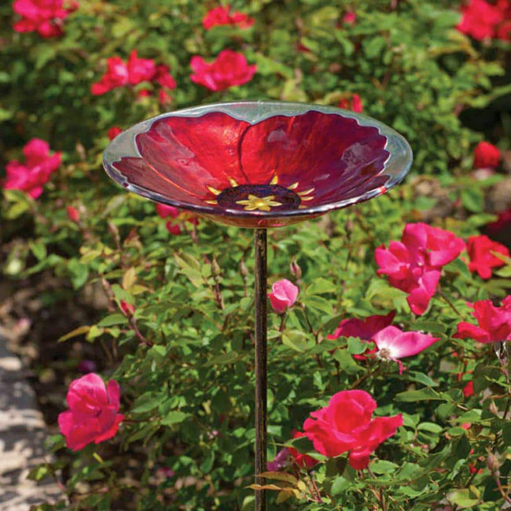 Evergreen Ruby Pansy Glass Birdbath with Stake 2GM311