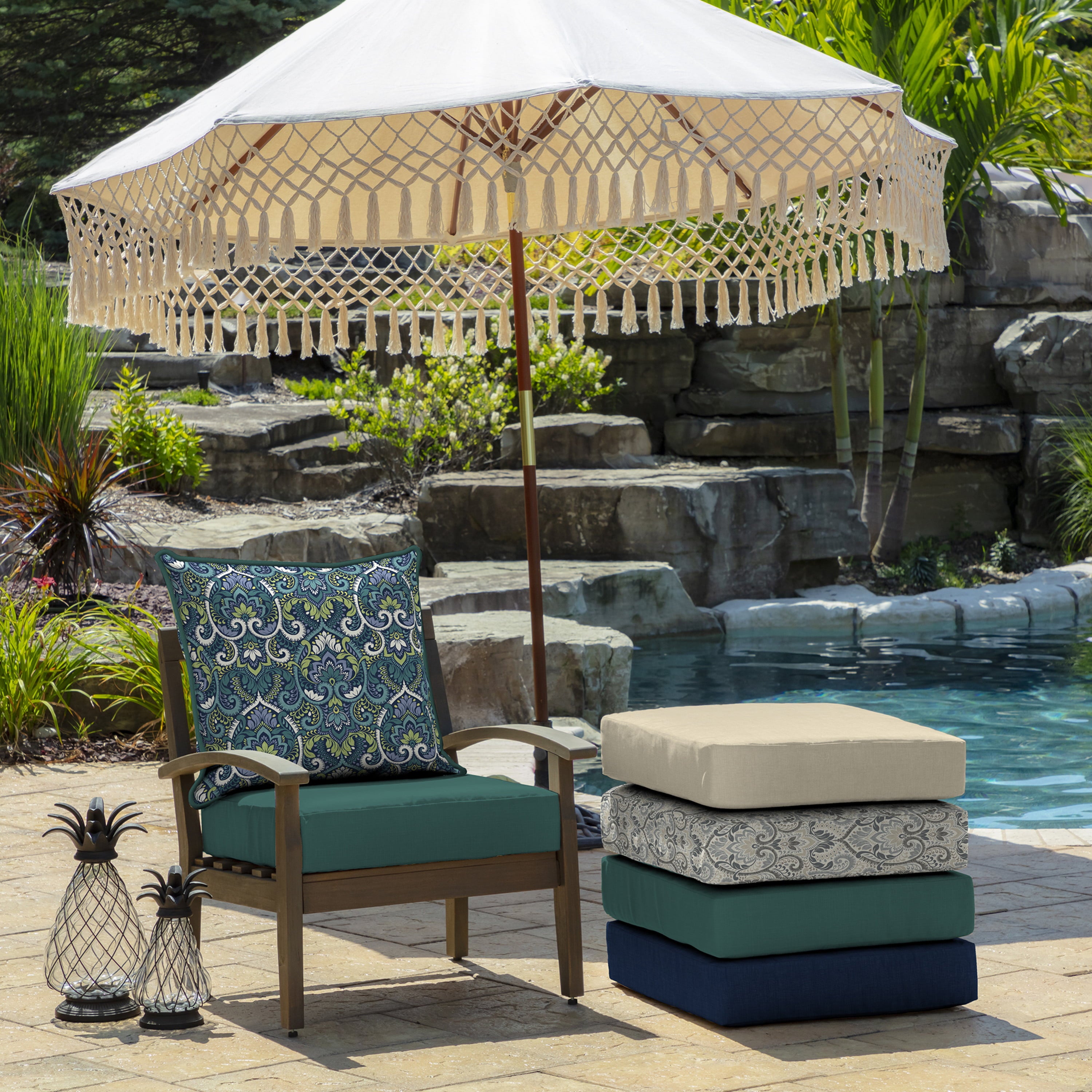 Arden Selections Reversible Outdoor Deep Seating Cushion Set 24 x 24， Sapphire Aurora Blue Damask