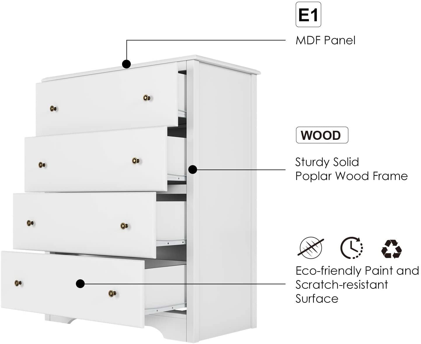 Homfa Dresser Chest, Modern Chest Organizer with 4 Drawers for Bedroom, White Finish