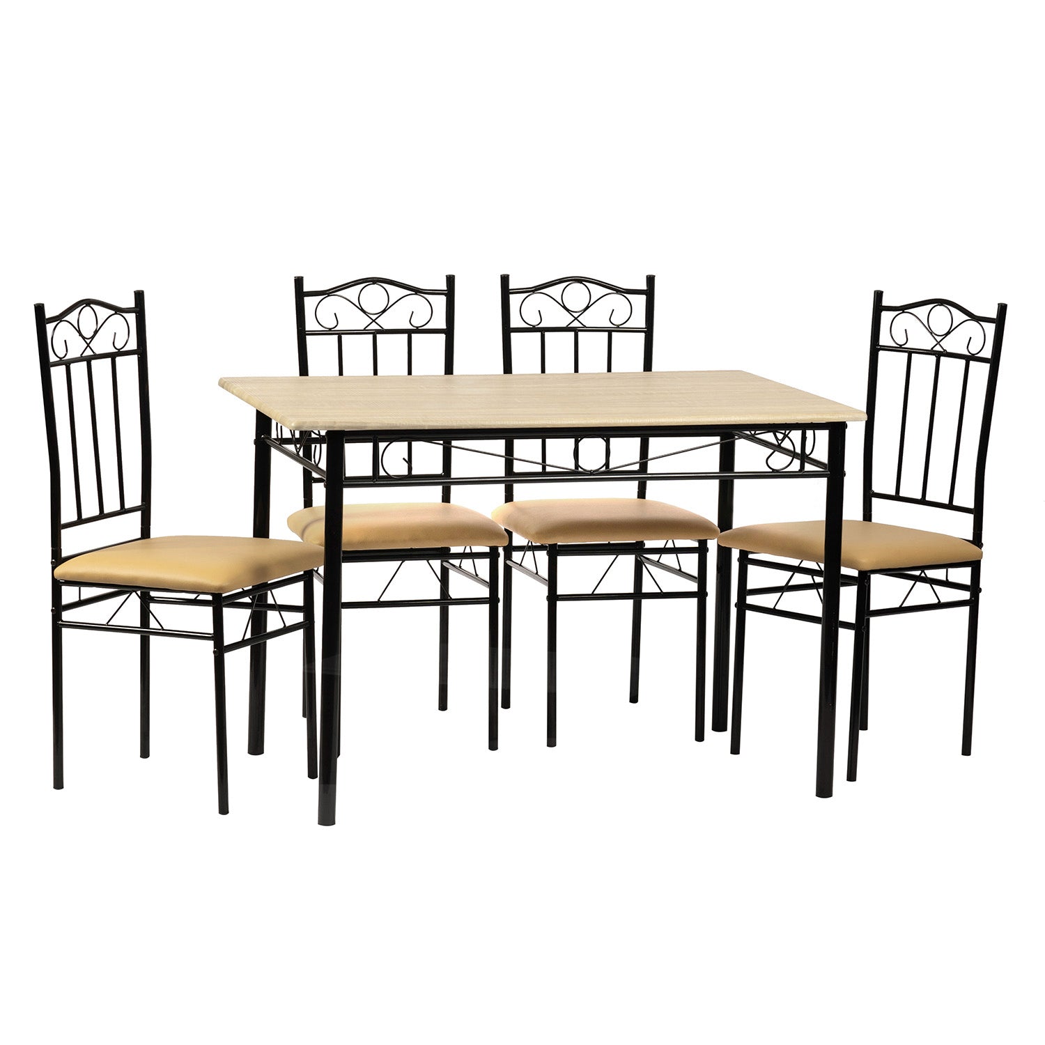 5 Piece Dining Table Set, Wood & Metal Dining Set for 4, Modern Kitchen Table and 2 PU Cushion Chairs Sets, Beech