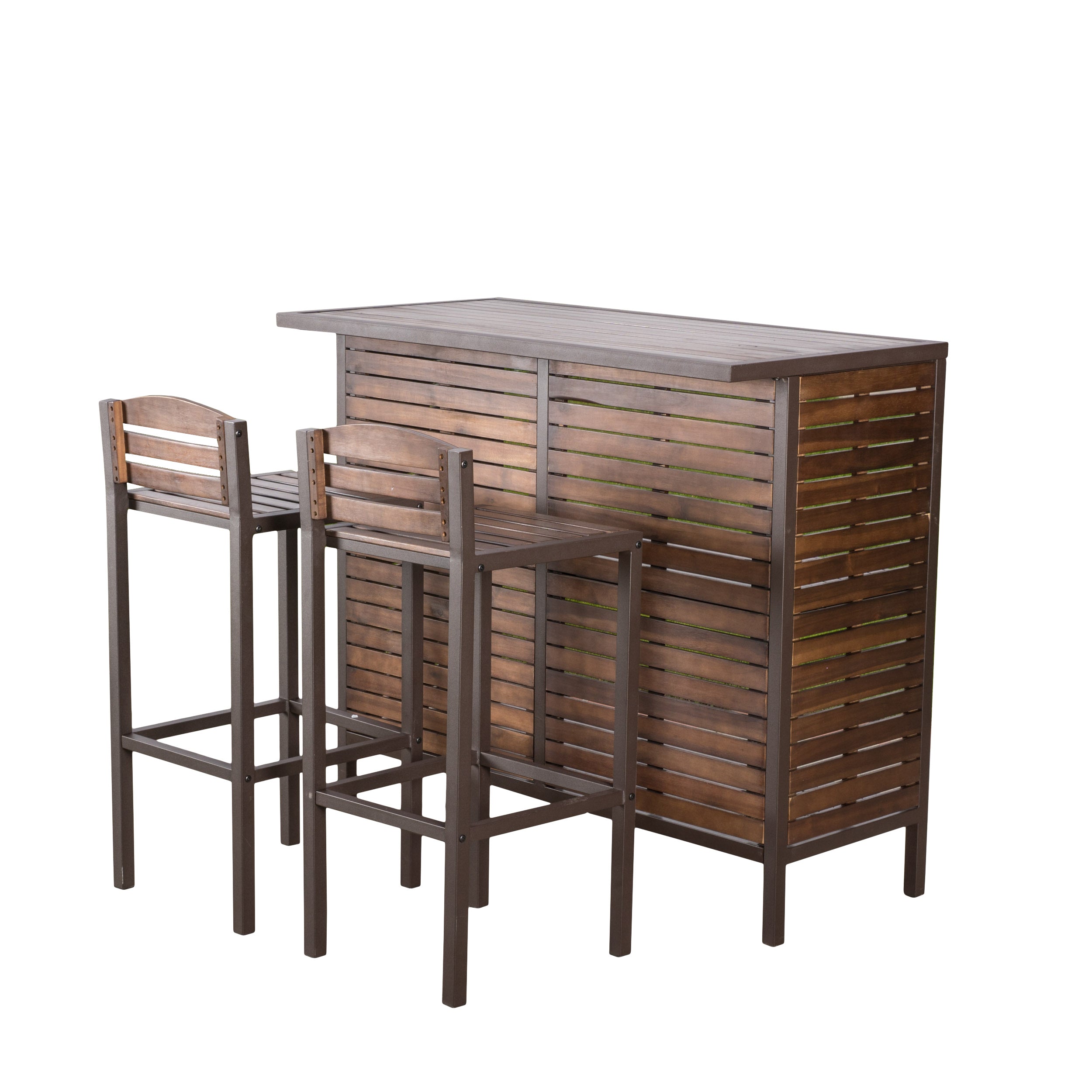 Isabel Dark Brown Acacia Wood & Rustic Metal Bar With 30-Inch Barstools