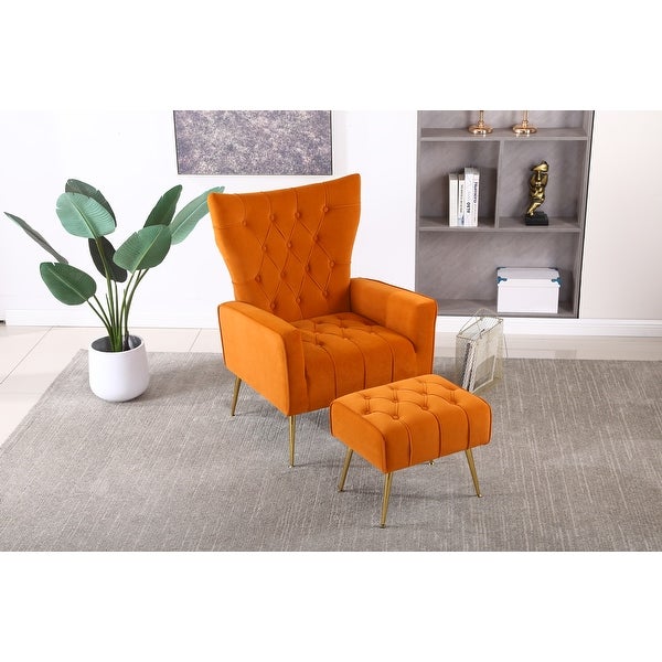 Velvet Accent Chair with Ottoman Modern Upholstered Tufted Armchair， Comfy Single Sofa Lounge Chair with Golden Metal Legs