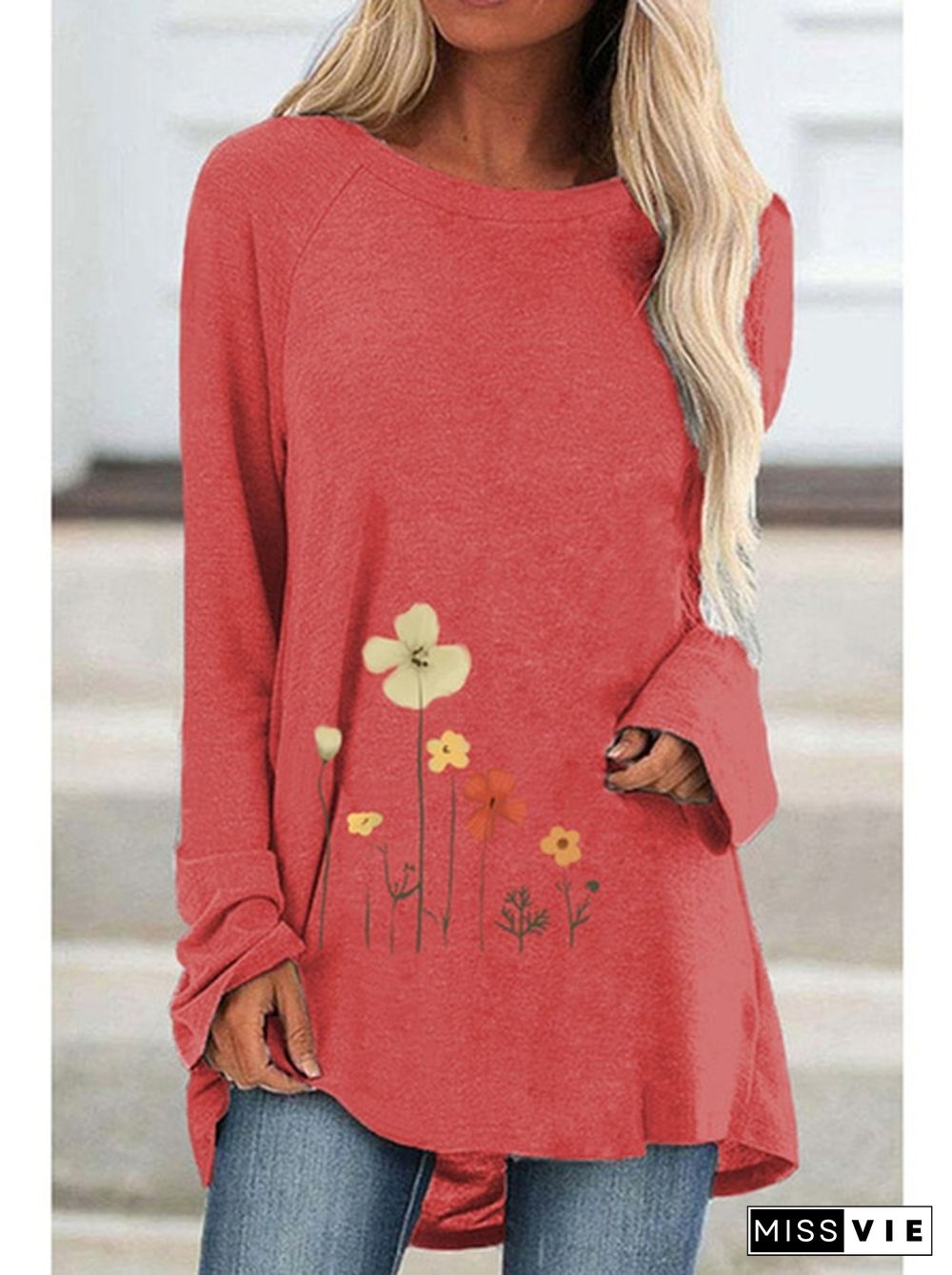 Spring and Autumn Plus Size Fashion Women Clothing Flowers Printed Casual T-shirt Ladies Long Sleeve Round Neck Pullover Tops