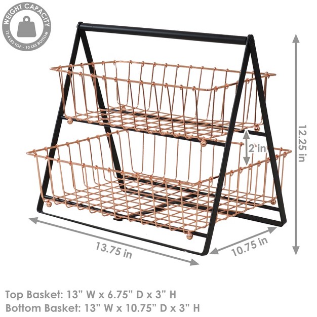 Sunnydaze Indoor Rectangle Iron 2 tier Decorative Storage Basket For Kitchen Countertop Copper