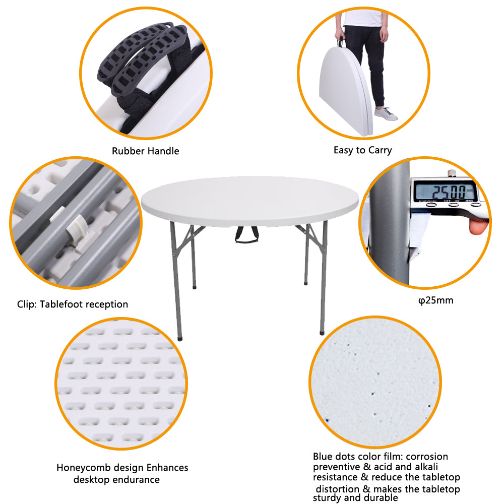 GZXS Round Folding Table 48 Inch， Foldable Portable Plastic Small Desk with Handle， 4ft Heavy Duty Circle Commercial Card Table for Indoor Outdoor Parties， Dining， Patio， Picnic， Banquet， White