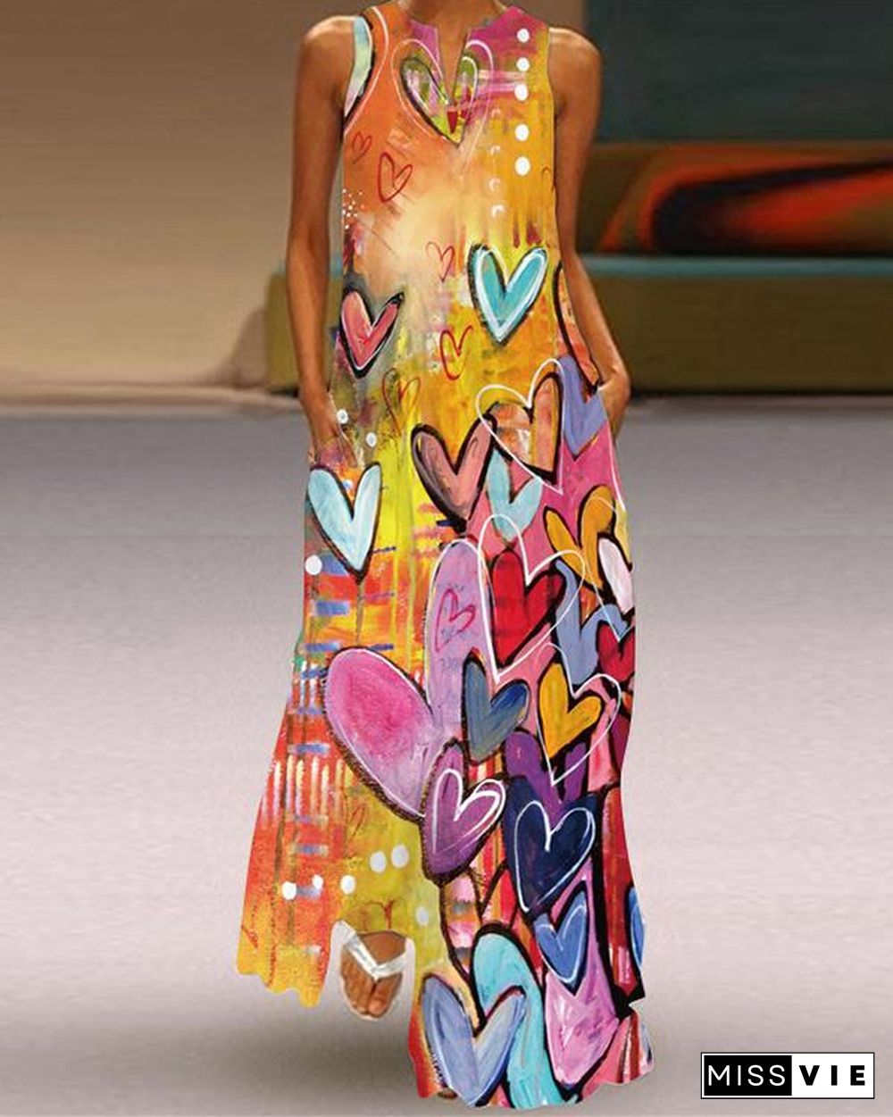 Western Style Sleeveless Pockets Printed Long Dress