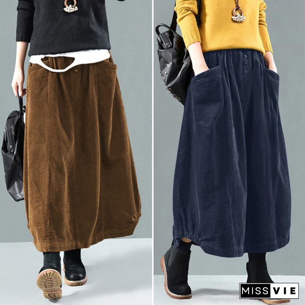 Women High Waist Oversized Loose Dress Button Down Corduroy Long Maxi Skirt Plus Size