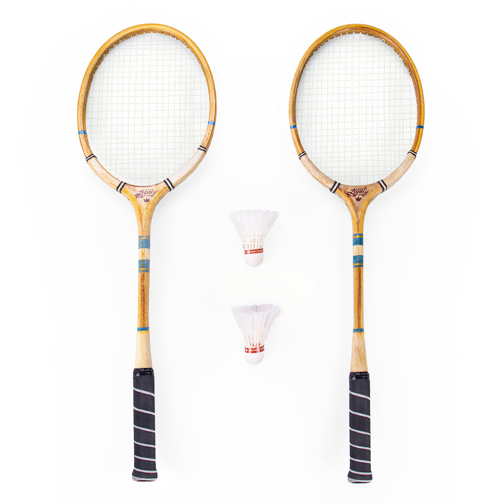 Crown Sporting Goods Vintage Wooden Badminton Set， Classic Outdoor Lawn Game For Backyard Family Fun， Includes 2 Solid Wood Racquets and Premium Feather Shuttlecocks