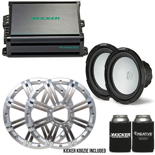 Kicker Two 10 Inch Led Marine Subwoofers In Silver 1 Pair With 600 Watt Amplifier Bundle