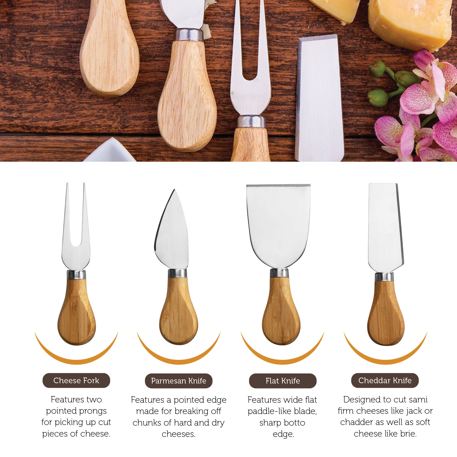 Bamboo Cheese Board with Cutlery Set，， Includes 4 Stainless Steel Serving Utensils， 3 Labels and 2 Chalk Markers