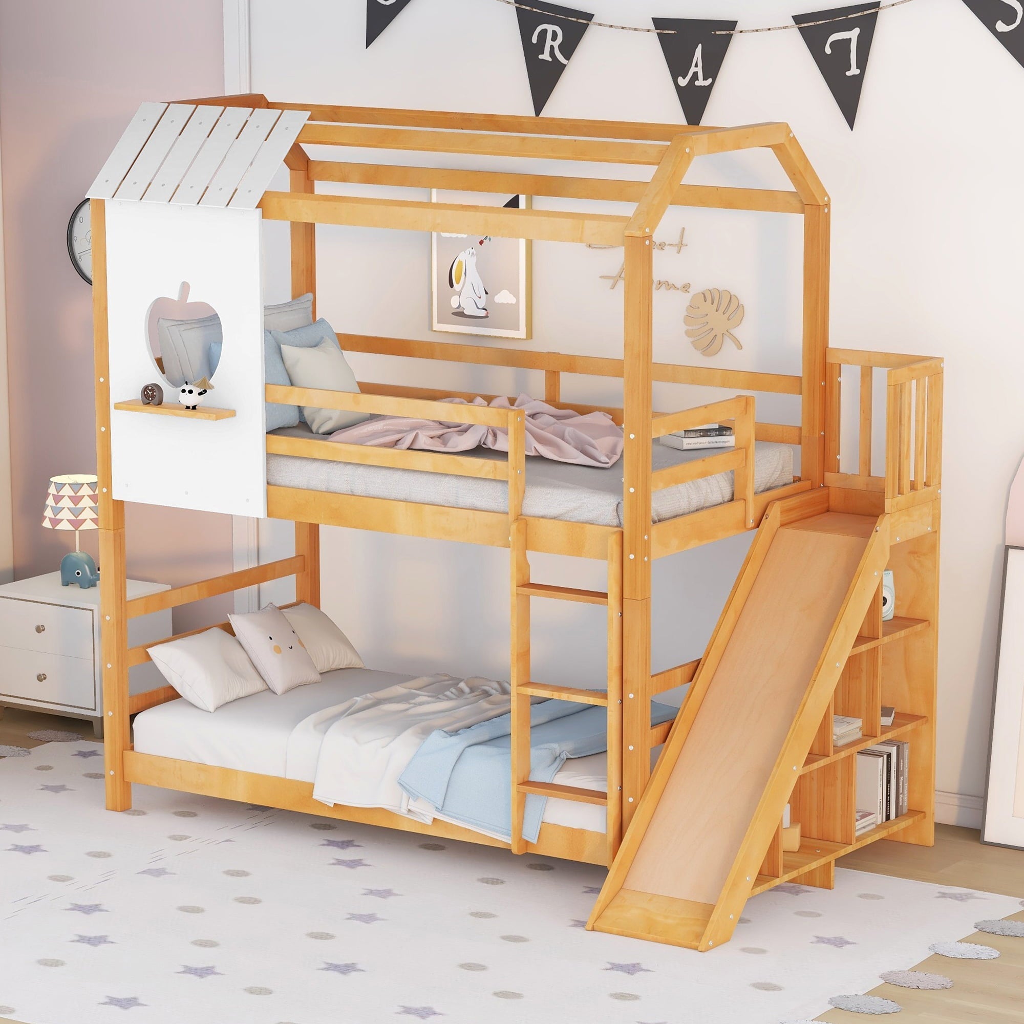 Twin Size House Bunk Bed with Slide and Shelf for Kids Bedroom, Natural