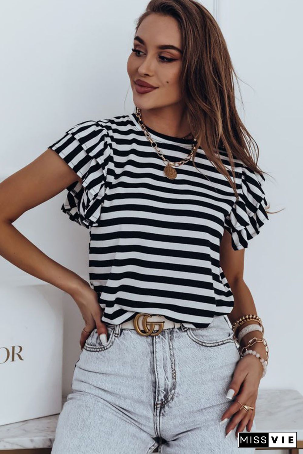 White Stripe Print Tiered Ruffled Sleeve Tee