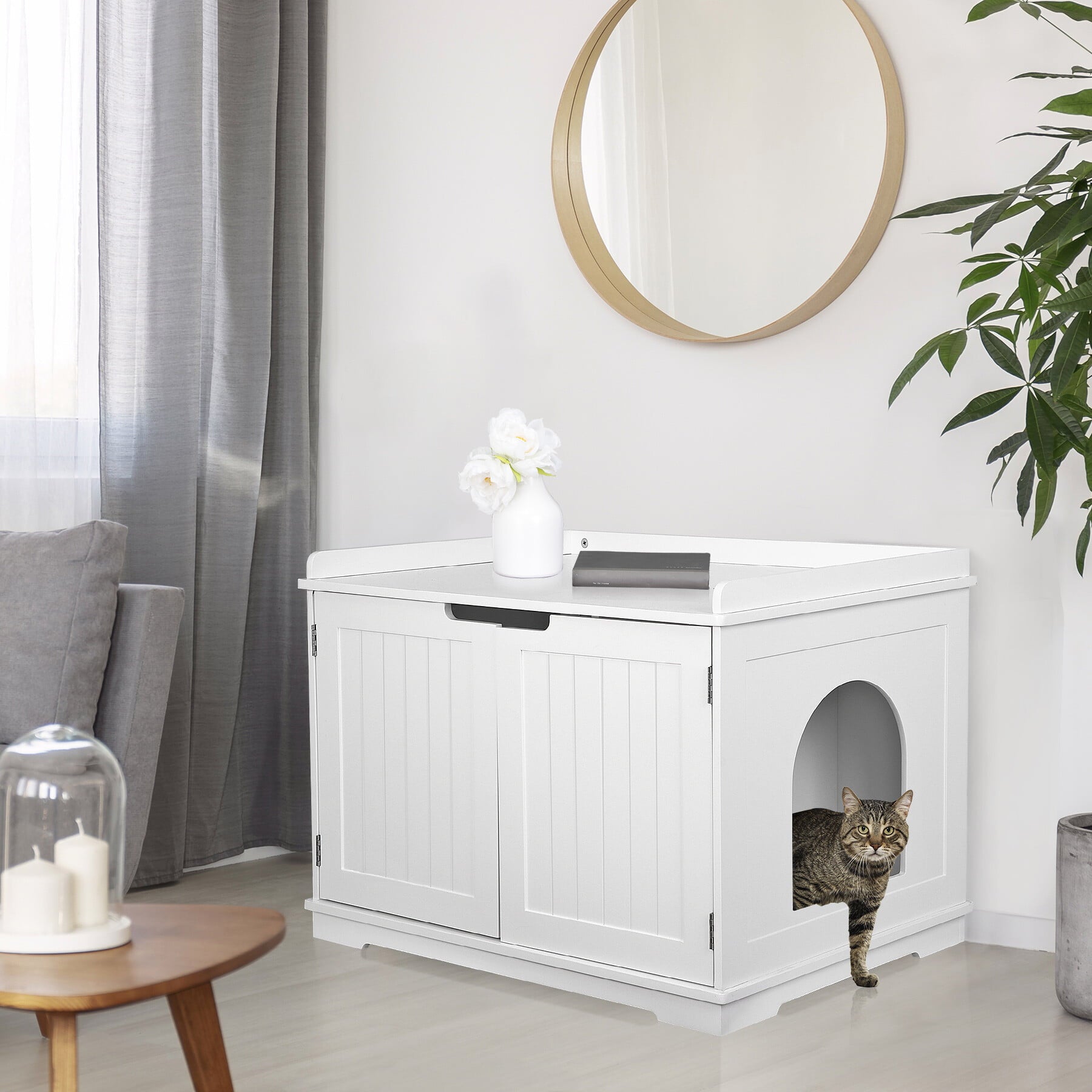 HomGarden Cat Washroom Bench Cat Litter Box Enclosure Furniture White