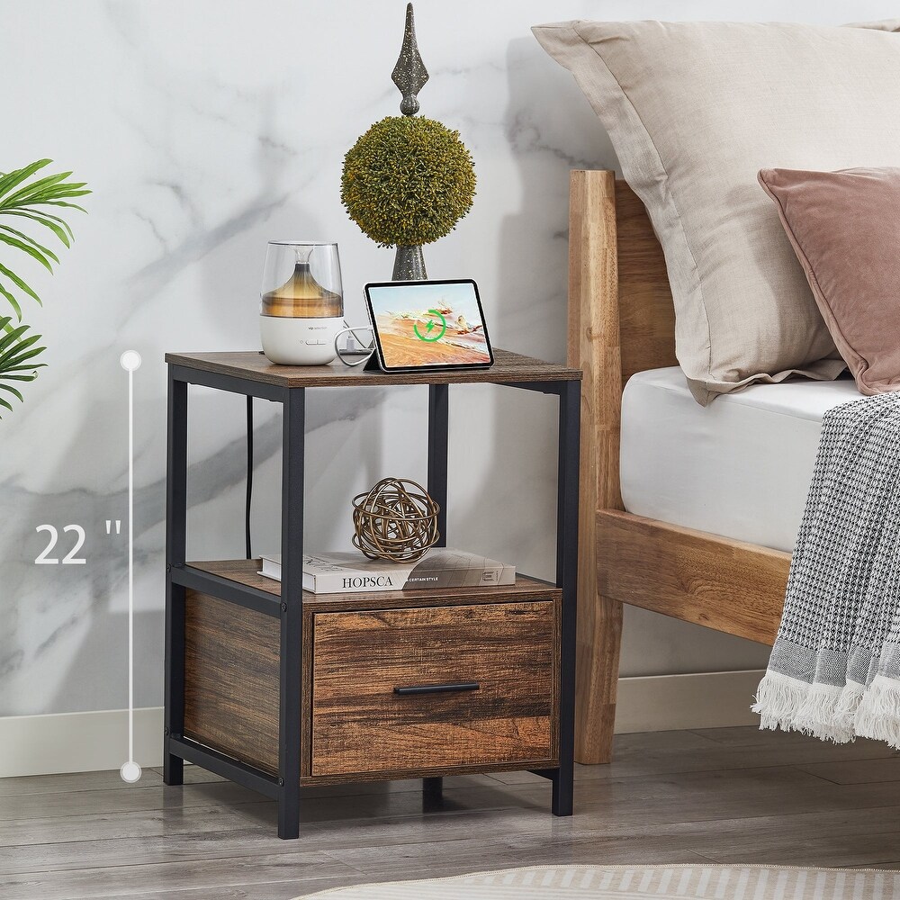 VECELO Mid Century Modern Nightstand with Charging Station USB Port