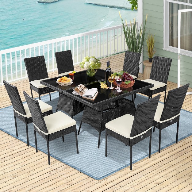 Costway 10pcs Patio Rattan Dining Set Cushioned Chair Table With Glass Top Garden Furniture