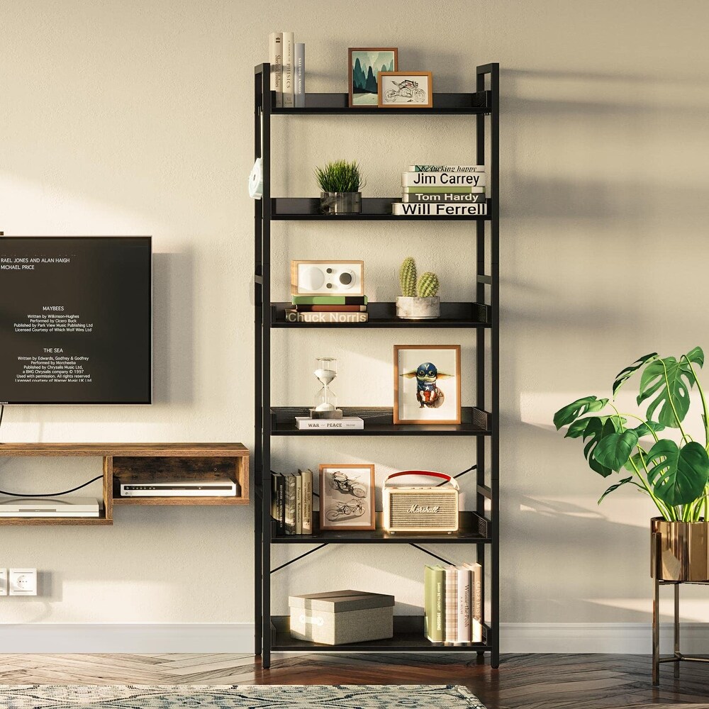 Bookshelf 6 Tier with 4 Hooks  Industrial Bookcase  Vintage Storage Rack with Open Shelves for Living Room  Bedroom