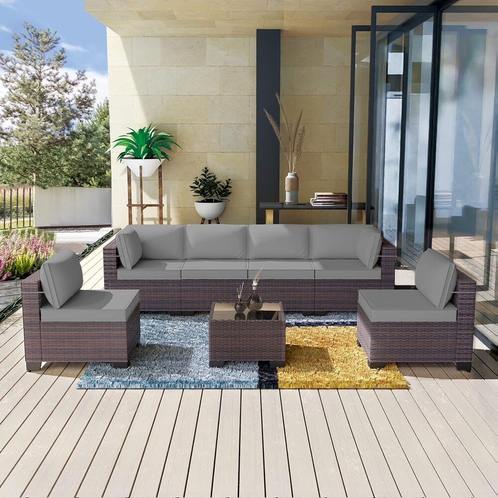 Kullavik 7 Pieces Outdoor Sectional Sofa Set Brown Wicker Patio Conversation Set with Seat Cushions and Tempered Glass Table