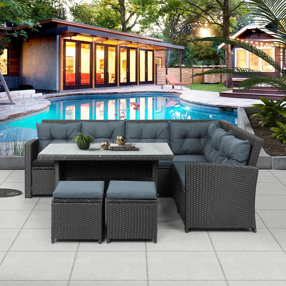 Patio 6 piece Outdoor Sectional Sofa with Glass Table Set